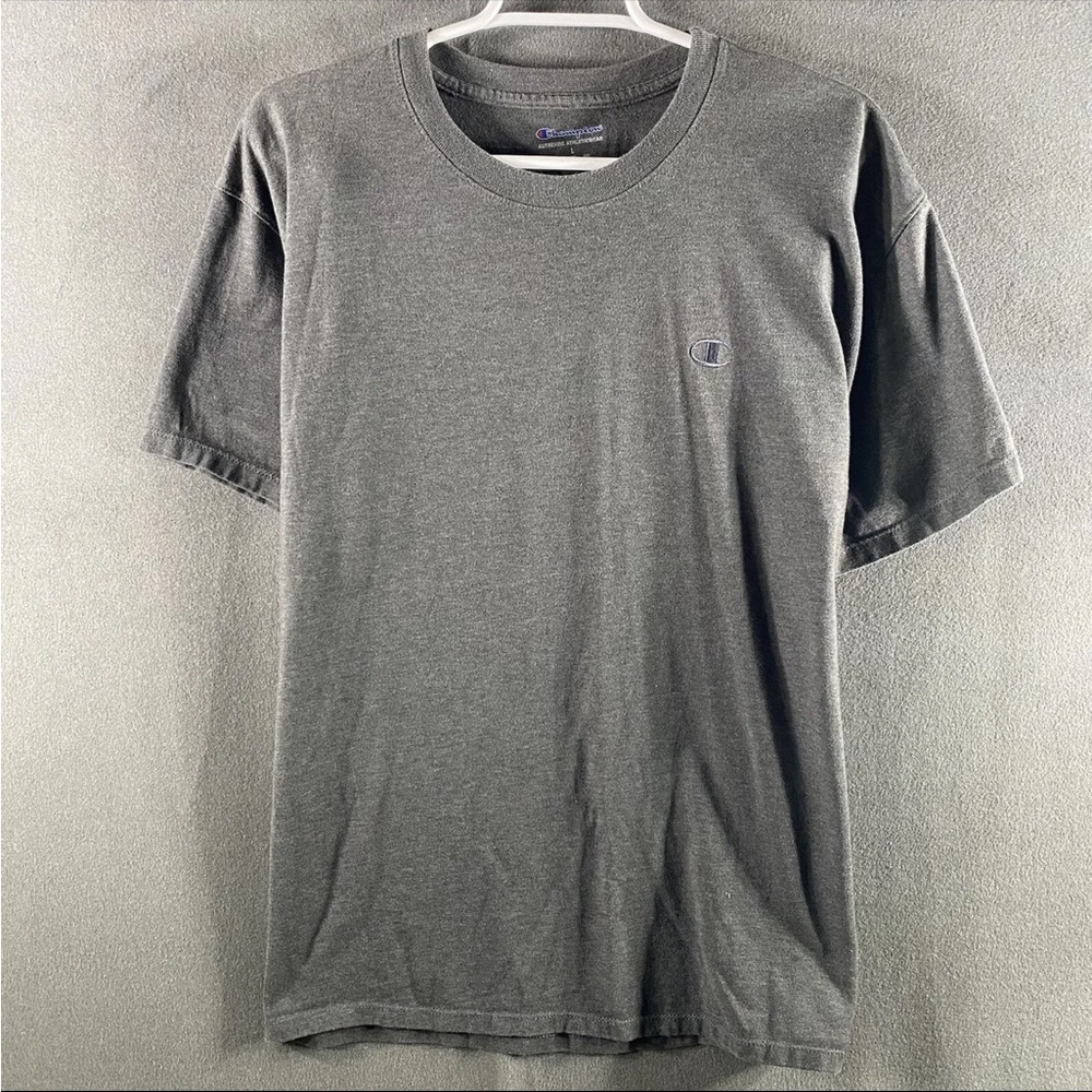 Champion Regular L T-Shirt Gray Men Logo 90s Short Sleeve Solid Crew Neck